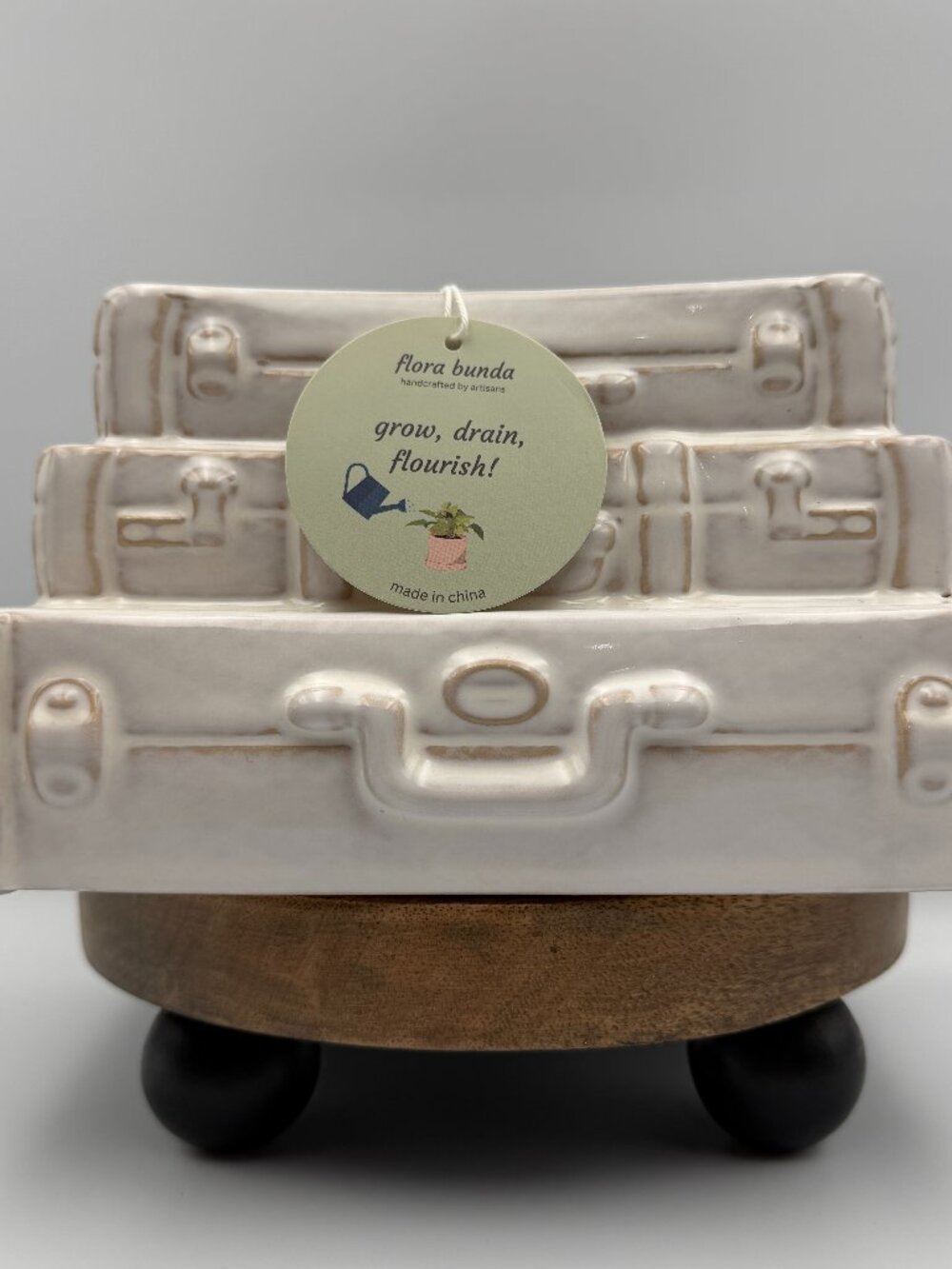 Ceramic Stacked Suitcases Planter Vase Cream Farmhouse Cottagecore Whimsy NWT